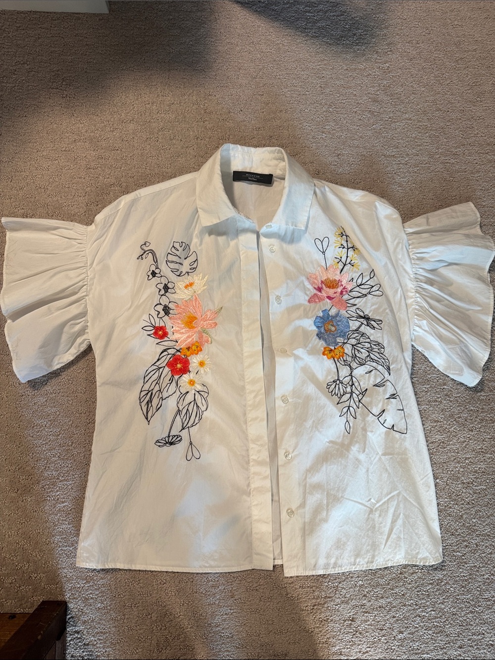 MaxMara White Button-Up Blouse with Multicolor Floral Embroidery